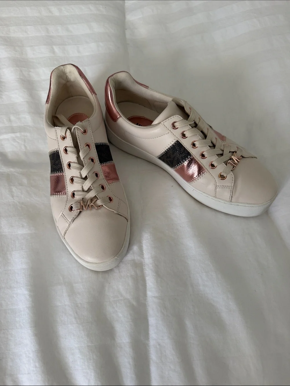 Michael Kors Cream Leather Sneakers with Rose Gold and Black Accents